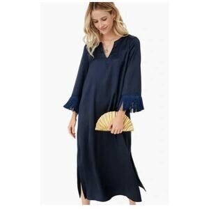 Tuckernuck Jamie Midi Dress Navy Blue Satin Fringe Wedding Cocktail size Medium